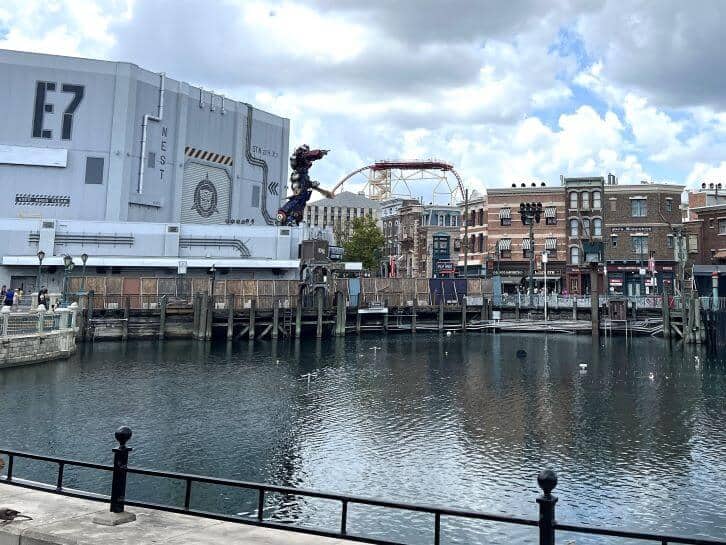 universal studios view over lake to transformers